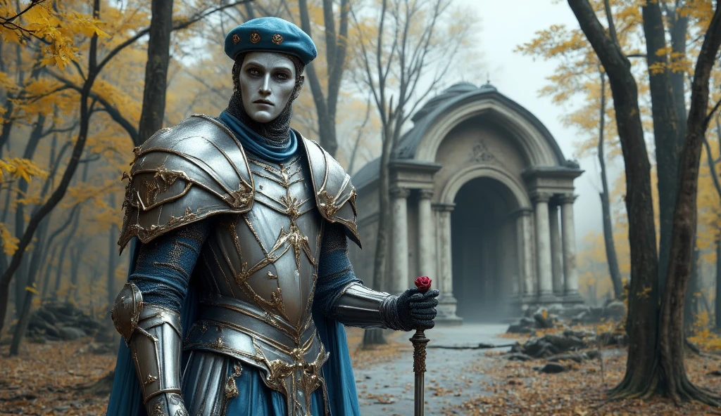 The knight in the iron white mask of a French mime. He has light blue plate armor. There's a rose in his hand. He wears a blue beret with a gold star on his head. The other hand holds an ornate rapier. a rapier with a long thin blade. A long rapier with golden elements. A blue raincoat with white elements. He stands in the autumn forest. the white sky. There are ruins of an ancient marble temple in the forest, covered with vines. The yellow foliage is falling. Horror