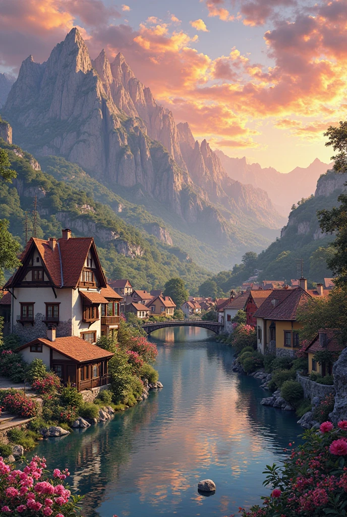 A small town by the river, mountains in the background, colorful floral flowers, detailed landscape, beautiful natural landscapes, atmospheric lighting, scorching sunset, warm colors, practical, photographic, detailed foliage, complex buildings, cobblestone street, charming country house, vibrant colors, lush vegetation, reflections in the water,  picturesque, idyllic, artwork, photos, 8K, extremely detailed, anime style