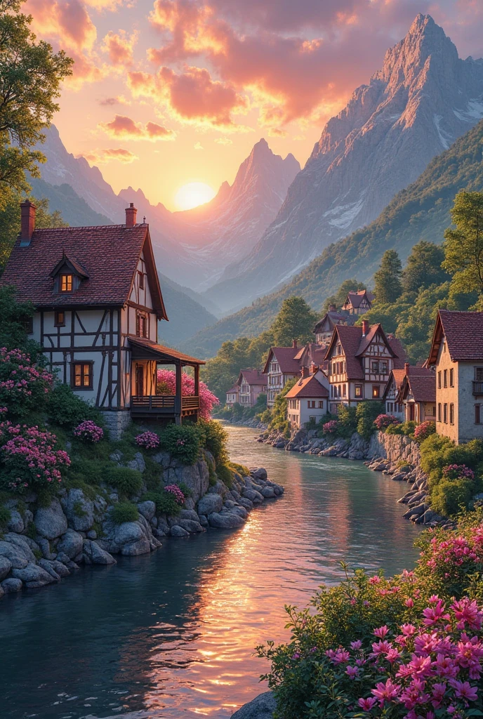 A small town by the river, mountains in the background, colorful floral flowers, detailed landscape, beautiful natural landscapes, atmospheric lighting, scorching sunset, warm colors, practical, photographic, detailed foliage, complex buildings, cobblestone street, charming country house, vibrant colors, lush vegetation, reflections in the water,  picturesque, idyllic, artwork, photos, 8K, extremely detailed, anime style