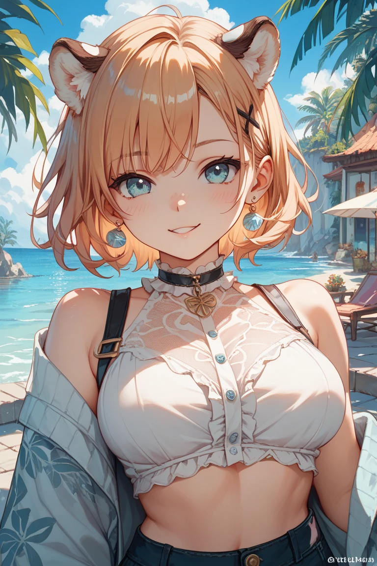 (masterpiece:1.2, Highest quality), (Realistic, photoRealistic:1.4), Beautiful illustrations, (Natural Side Lighting, Cinema Lighting), Browsing Caution:1.2, View Audience, Cowboy Shot, 1 girl, Japanese, idol carving, high school girl, Perfect Face, Cute and symmetrical face, Sunburn, Glowing Skin, thin, (short hair:1.2, Twin tails:1.2, blonde), Parted bangs, Chestnut brown eyes, Long eyelashes, (Small breasts:0.6), Beautiful Hair, Beautiful Face, Beautiful details, Beautiful clavicle, Beautiful body, Beautiful breasts, Mole on chest, Beautiful thighs, Mole in the groin:1.5, Beautiful feet, Beautiful fingers, ((ライトブルーのmicroビキニ:1.45, micro:1.3), choker, Wrist Chakra), (Beautiful views), Tropical Beach, (sitting on a rock:1.35 | Keep your legs wide open:1.4), ((Place your hands between your legs | Place your hand on your chest | Place your arms behind your back)), (Cute Smile, Upward glance), evening:1.3
