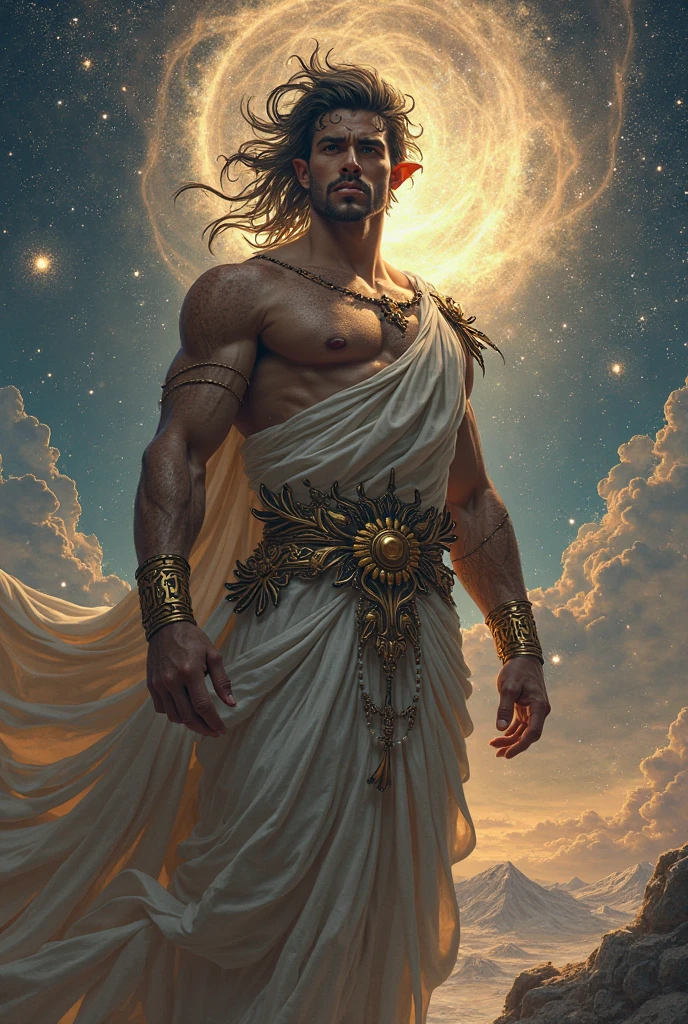masterpiece, Ultra detailed artistic photography of poseidon., 1 man, perfectly drawn face, 8k photorealistic resolution, ultra high quality model, long hair, greek god costume, detailed space background, 32k, light blue black long hair, athletic man, perfect anatomy, cinematic lighting, intricately detailed, complex, elegant, red tetradic colors, volumetric lighting