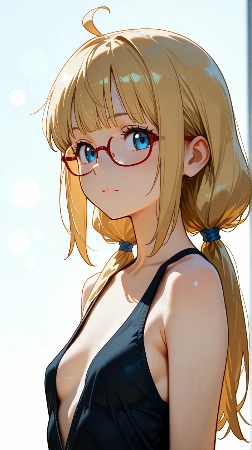 1girl, bangs, tight shoulders, Loli body, 15 year old girl, blonde hair, short hair, blue eyes, blushing, Boots, breasts, cleavage, sweetheart neckline, closed mouth, Eyebrows visible in the hair, Very small breasts, long hair , Looking at viewer, smiling, tense, Standing, dolphin shorts, front viewer showing breasts, Ultra HD |, 4k image, glasses