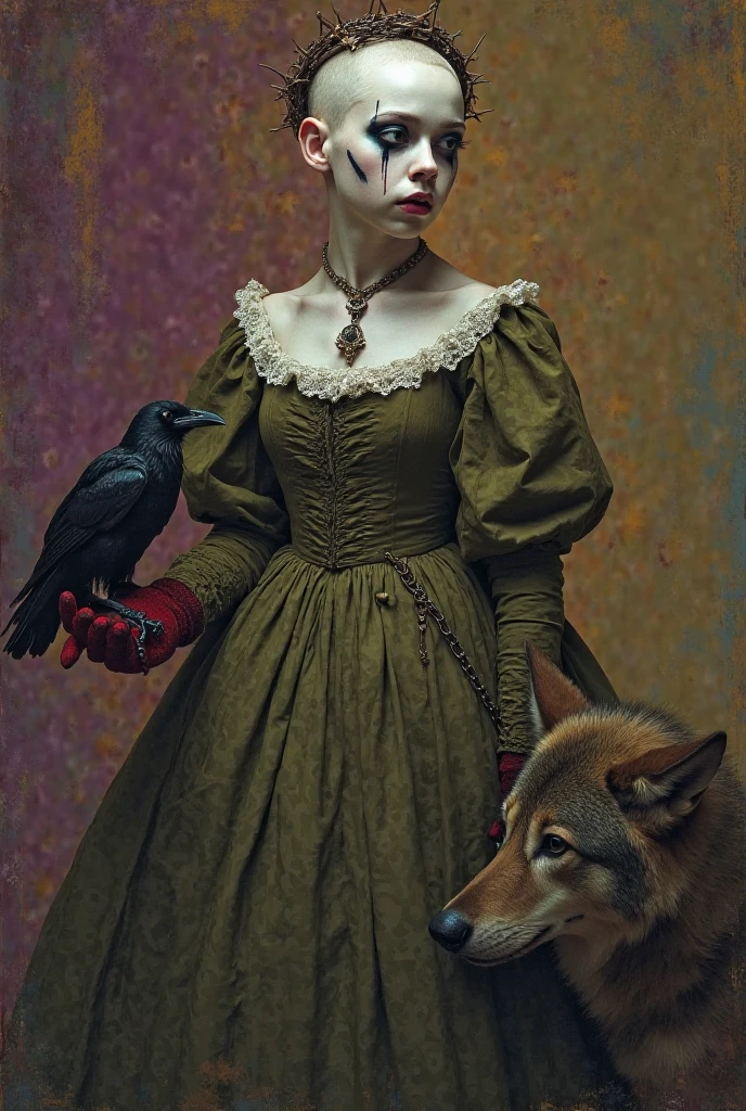 portrait white girl with shaved hair, face turned to 3/4, black paint on her eyes running down,  a crown of thorns , old Victorian olive green dress, a small raven in her hand with a red velvet glove. ochre and purple background. A wolf looking at her from below.
