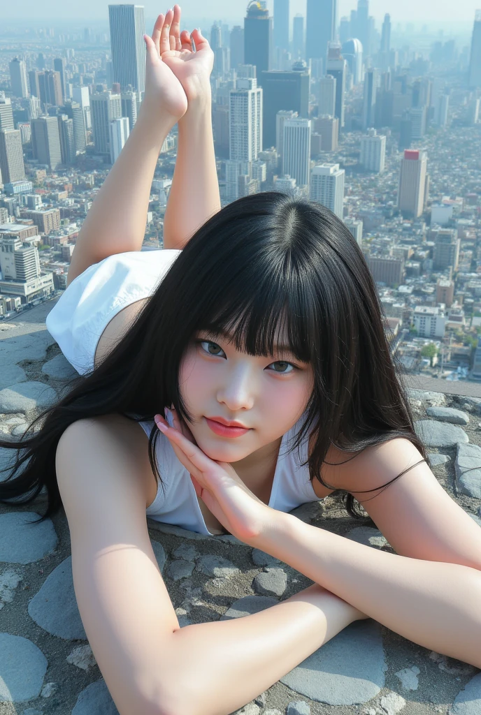 (masterpiece),(best quality),a korean woman panty look, whose height is 10000000 kilometers, at the nano-sized miniature endless city of micro-sized endless continent world, she kneel down on top of a lot of nano-sized buildings which are much smaller than her, she feel happy and enjoy