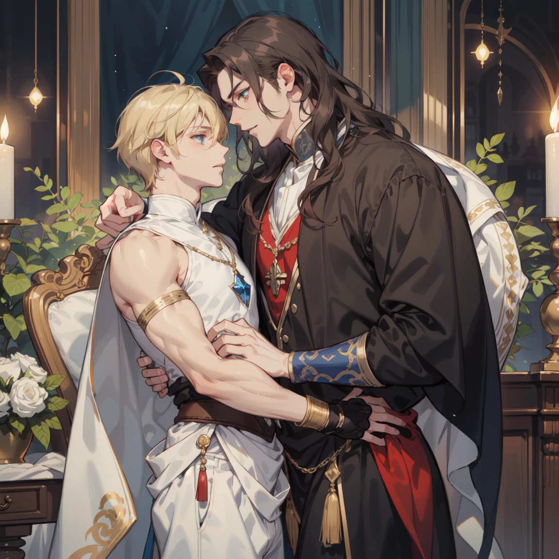 2 sexy males 25 year old, anime elves in a sensual pose medieval poster bed kissing under the sheer sheets, kissing each other, long blond/black hair, perfect intimate position, perfect composition, perfect hands and face, masterpiece, black/red color, UHD, 32k,

