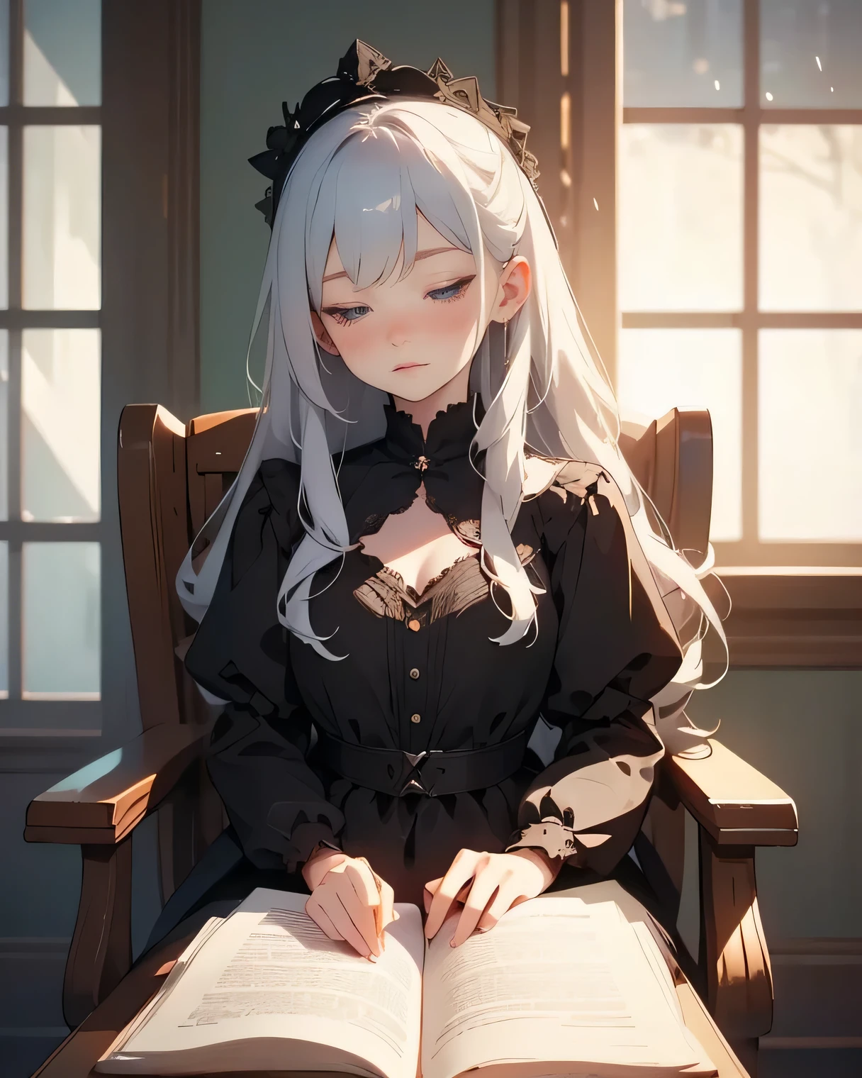 A gothic girl with long silver hair and purple eyes, sitting on an antique chair in a dark, quiet room. A single spotlight from above casts dramatic light across her delicate features and the soft ruffles of her black and white dress. In her hands, she holds an open book with blank pages, her fingers lightly resting on the edges as if waiting for the right moment. Her eyes are closed, her expression calm yet filled with anticipation, as if she's waiting for someone. The atmosphere is mysterious and intimate, the room shadowed except for the soft glow around her, as the gentle rustling of pages fills the air.