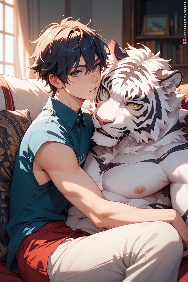 Furry attractive male panther sweating a lot, on top of a boy in bed in a room, photorealistic, anime art style, high quantity, masterpiece