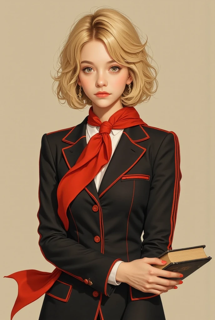 ArsMJStyle, Colored pencil hyperdetailed realism ArsMJStyle, Colored pencil hyperdetailed realism, The image is a portrait of a young woman with bobbed blond and curly hair, She is wearing a black jacket with red stripes on the sleeves and a red scarf around her neck. She is holding a book in her right hand. The woman is looking directly at the camera with a serious expression. The background is a plain beige color. The image has a vintage or retro feel to it., 1girl, solo, glasses, black hair, jewelry, earrings, looking at viewer, holding, book, fingernails