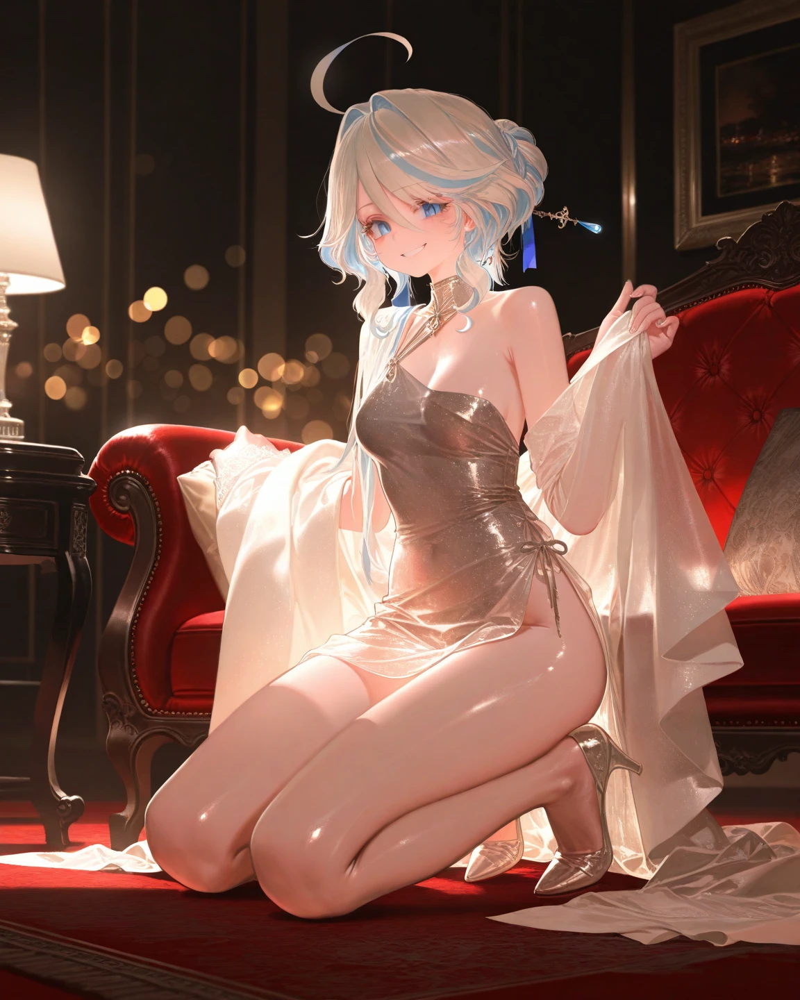1girl, beautiful girl, cute girl and idol face, young face, smile, white skin, short hair, bob cut hair, silver hair, antenna hair, shiny hair, shiny skin green eyes, beautiful eyes, medium breasts, White leotard, thong, see-through, nipples through, indoor stadium, rhythmic sports gymnastics,