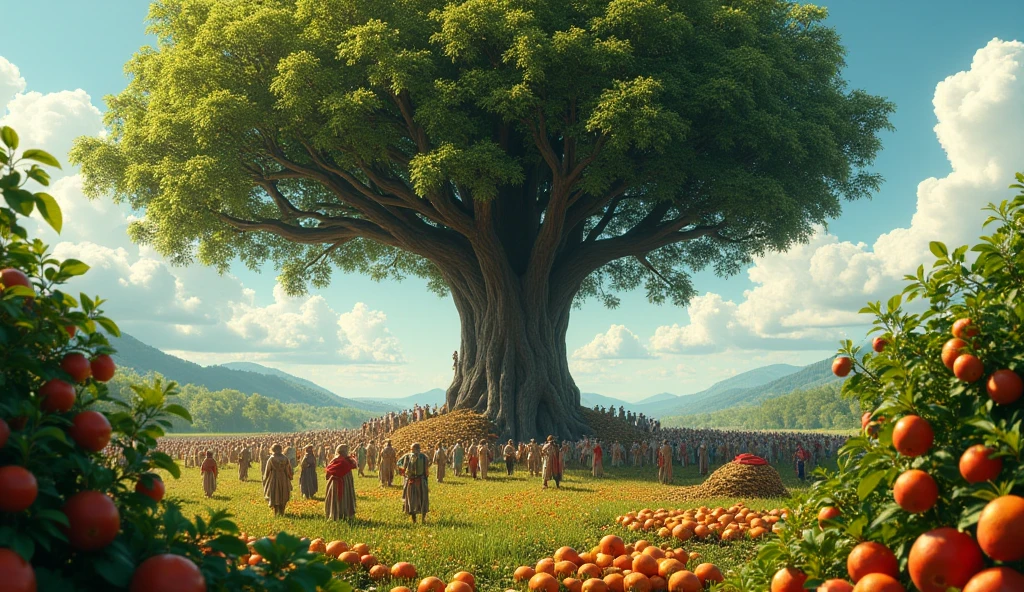  a lot of people, Ultra Realists, well detailed, heading towards a large realistic tree, with lots of fruits, To reap a great harvest.