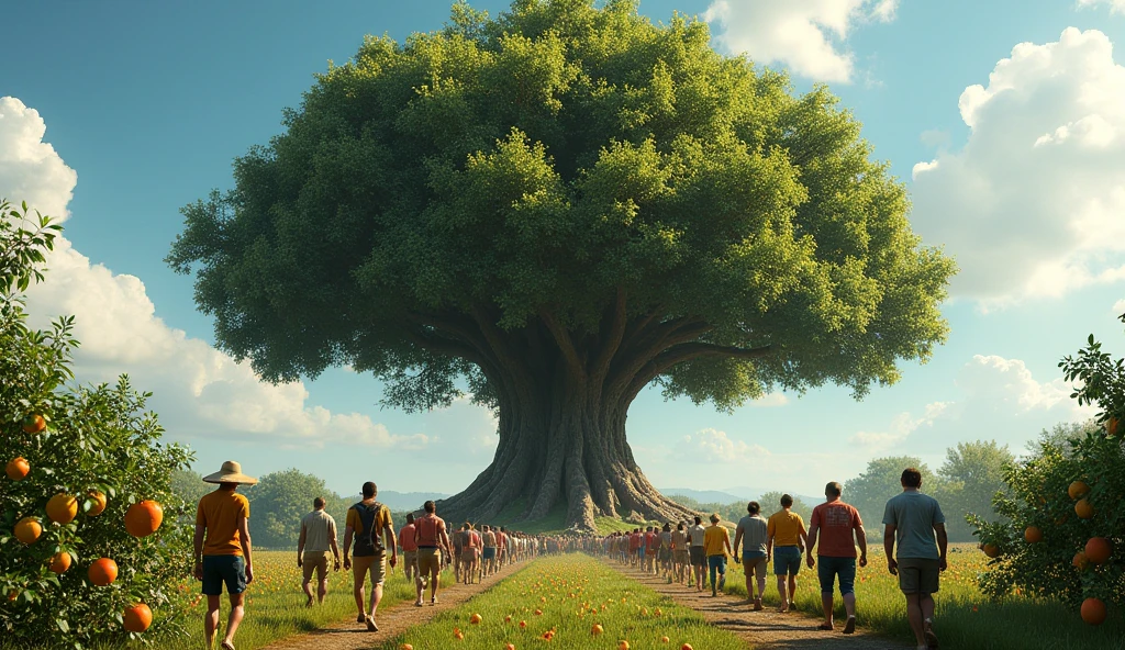 a lot of people, Ultra Realists, well detailed, heading towards a large realistic tree, with lots of fruits, To reap a great harvest.