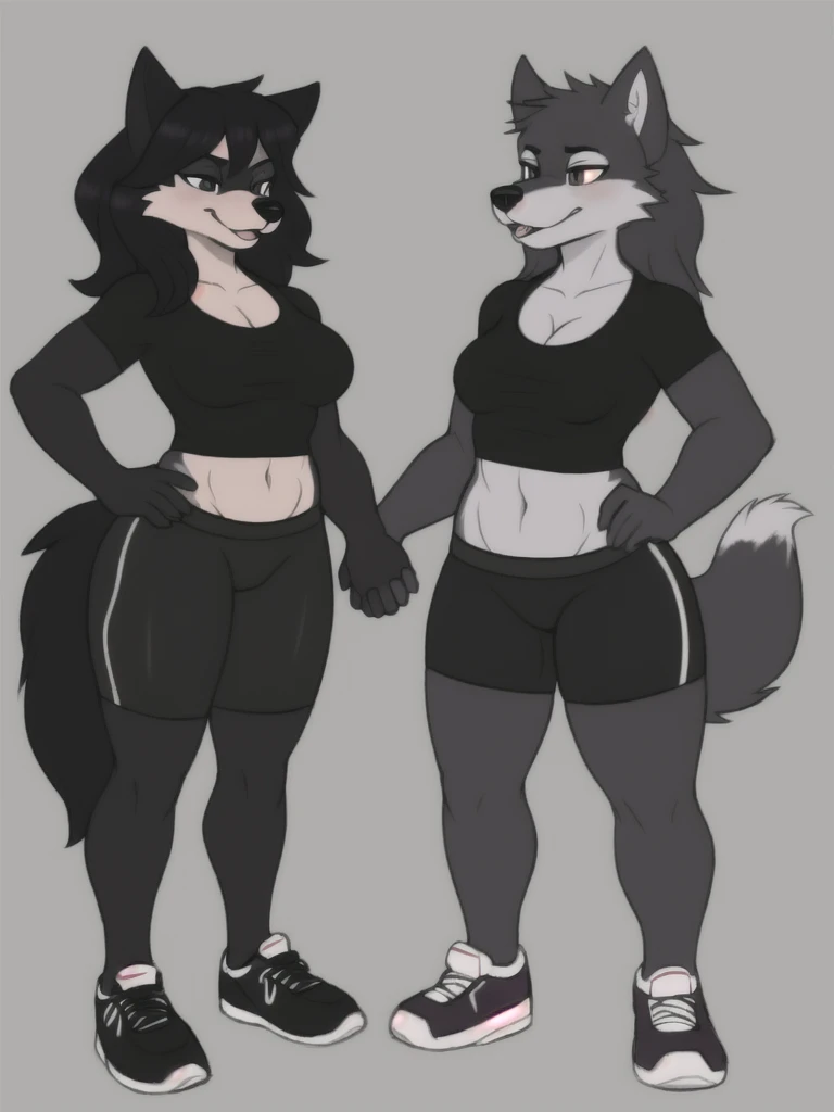 (master piece: 1.1), by kamenosachi, flying sweatdrops, furry, furry female, animal ears, tail, girl, big thick, thicker body, big breasts, white fur, wolf tail, shirt, abs, black hair, body fur, blue eyes, colored skin, snout, solo, blush, shy, mouth downturned, 1 fangs, blue shirt, animal nose, grey fur, blue background, navel, grey skin, wolf girl, wolf ears, day, two-tone fur, ponytail, pawpads, looking at viewer, bare shoulders, white skin, collarbone, muscular female, animal ear fluff, simple background, cross hatching sketch, full body view, athletic shorts with white stripes down the sides, eyeliner, eyelashes