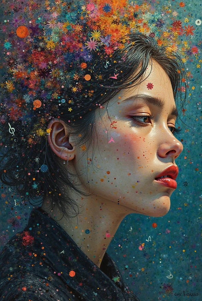 I want a profile picture of sadness with music symbols and lots of colors