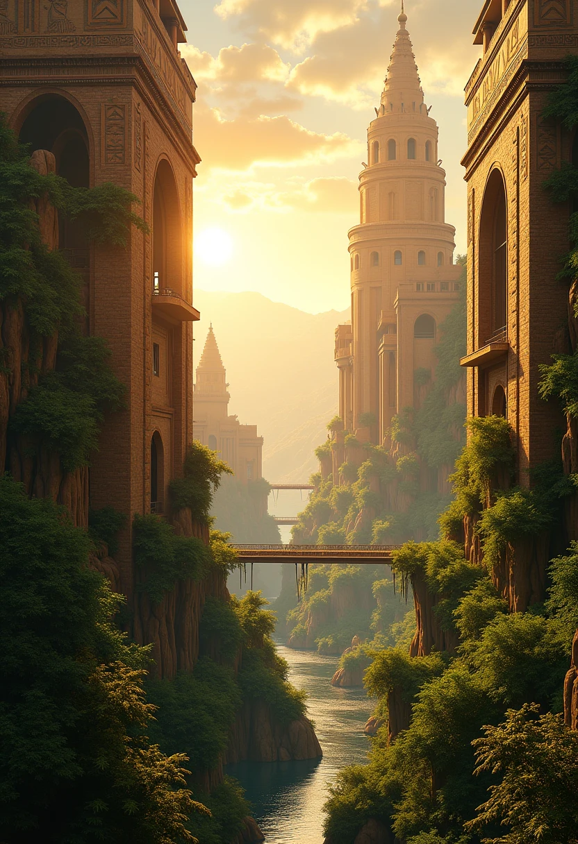 creates an image suspended garden of Babylon, with Mesopotamian architecture. with sky with yellow light, nature in the background