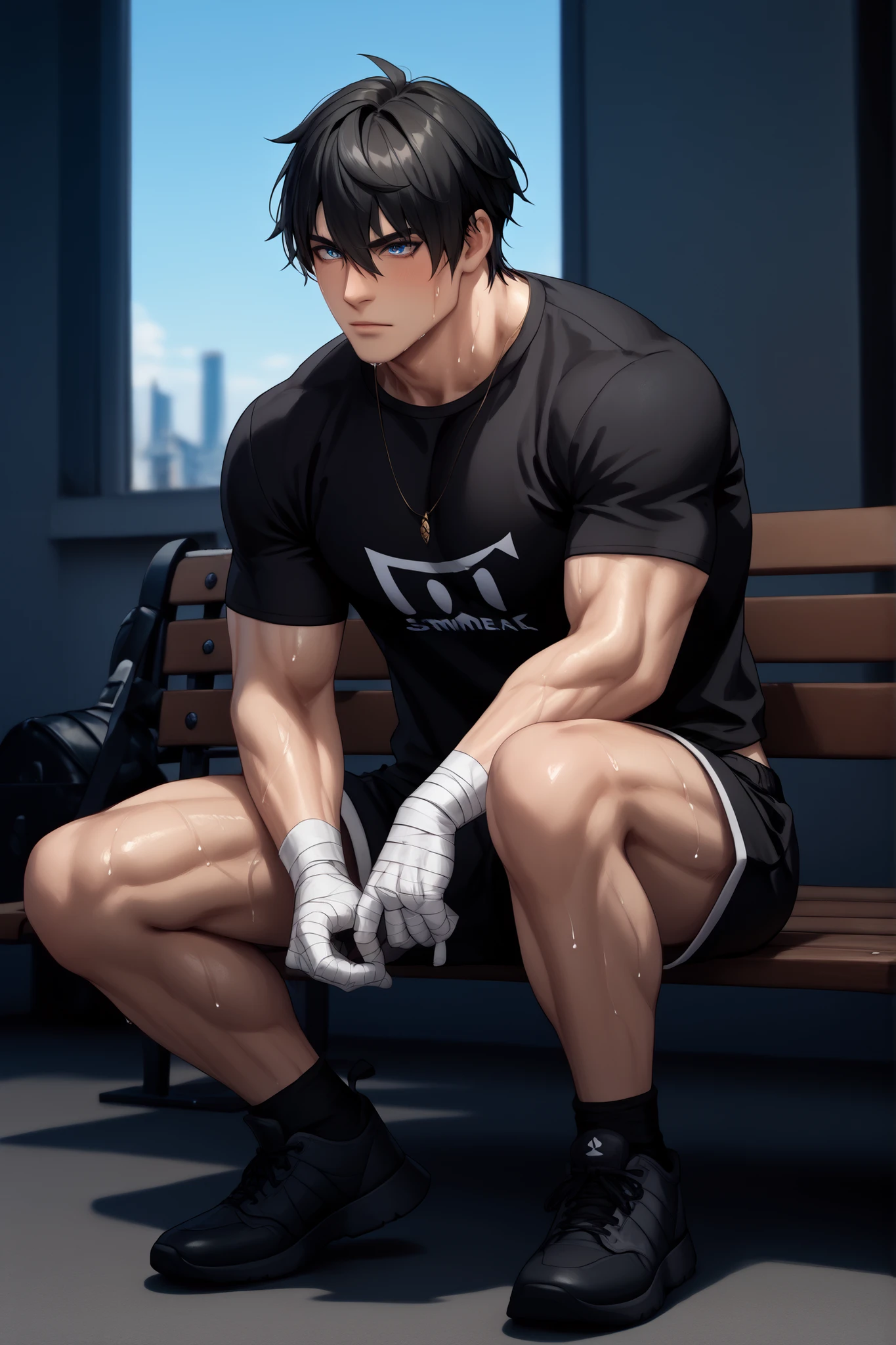 Dark-haired anime male spy, 20 year old, 190cm tall, muscular body, pale skin, blue eyes, black short hair, very sweaty. Is wearing old and worn black gym tshirt with pirate symbols on it, and gym shorts. Is sitting on a bench, slumped forward and with his face buried between his bloodied and bandaged hands. ISO 100, 64k, 35mm, hyperdetalisation, digital art, full body