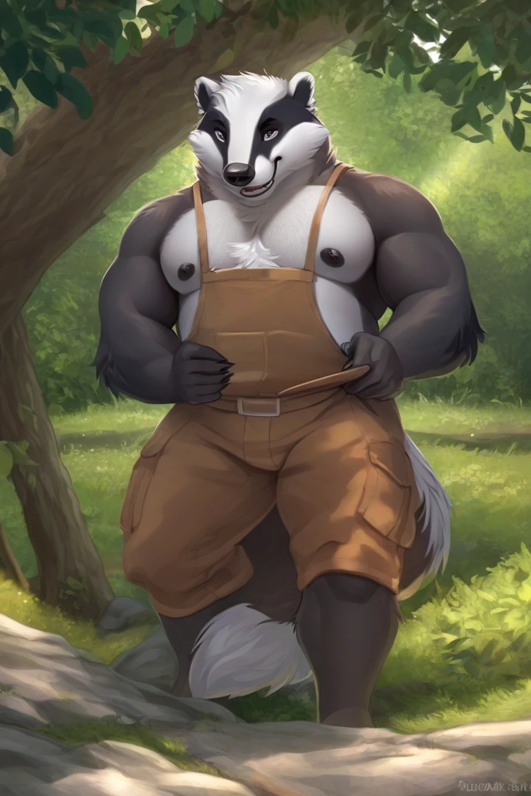 solo, male, german shepherd, topless, wearing a black ski mask, balaclava ski mask, smirk, overweight, detailed bulge, purple thong, brown tall cowboy boots, by chunie, full body view, at a forest