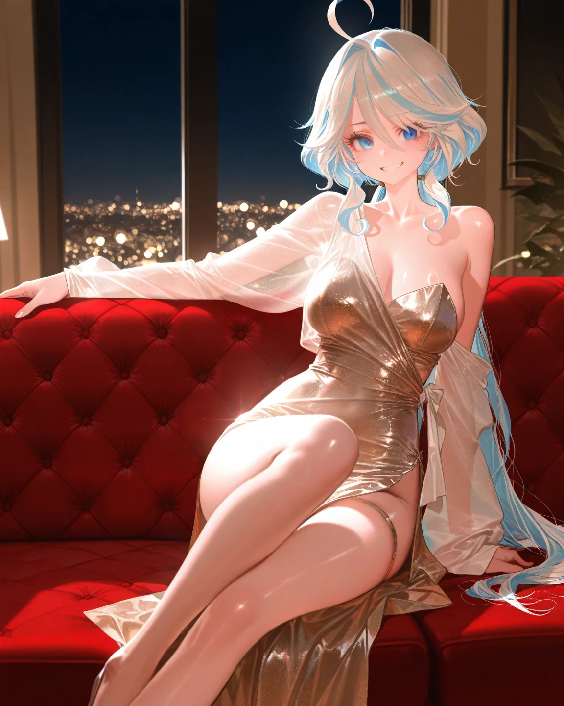 ((Obra maestra, La mejor calidad)), C. Luis \(Ruedas de lujo) \(Azure Lane), High resolution, highly best quality, illustration, cinematiclight, Super detailed, Cara detallada, (ojos detallados), La mejor calidad, Ultra detallado, Obra maestra, (Cara detallada), room, Accesorio para el cabello, Pendientes, collar, retrato, vestido plateado, Ropa reveladora, Highest detail, ojos brillantes, (hotel:1.2), Sentado en la cama, sentada, cama, ventana, cielo nocturno, Luz de fondo, luz, (alto contraste), (Color), solamente, 1chica, tetas grandes, ojos rosados, pelo rizado, pelo azul, cola de caballo, labios pintados rosa