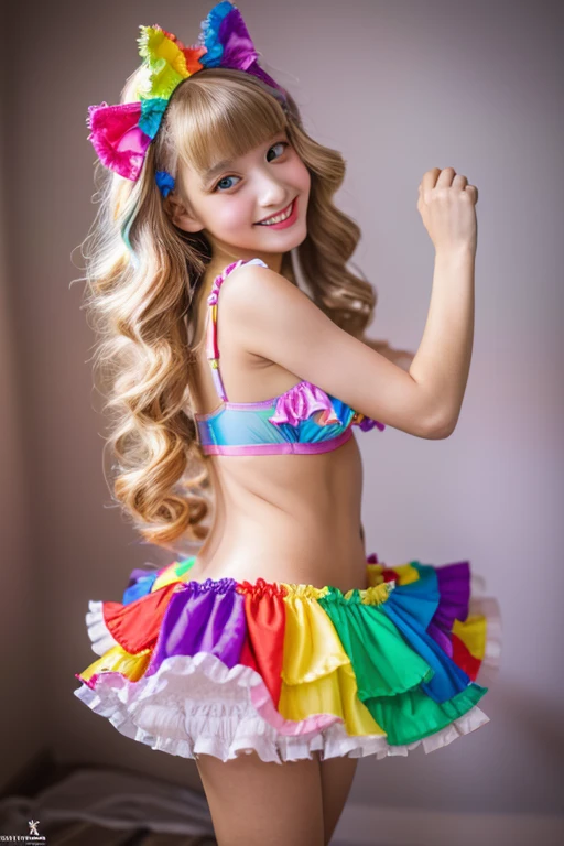 naked clown、ssmile、Blonde long curly hair、(Wearing a cute rainbow-colored bra and panty outfit with big frills:1.2)high-level image quality、hightquality、High resolution real image、detaileds、masterpiece、Professional Photography、