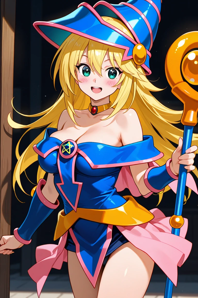 Very detailed、Highest quality、Best image quality、masterpiece、8k、Anime Face、A kind smile、Open your mouth、Blonde Hair Color、Black Magician Girl、Completely naked、All Nude、Hold your head with both hands、Modest breasts、Medium sized breasts