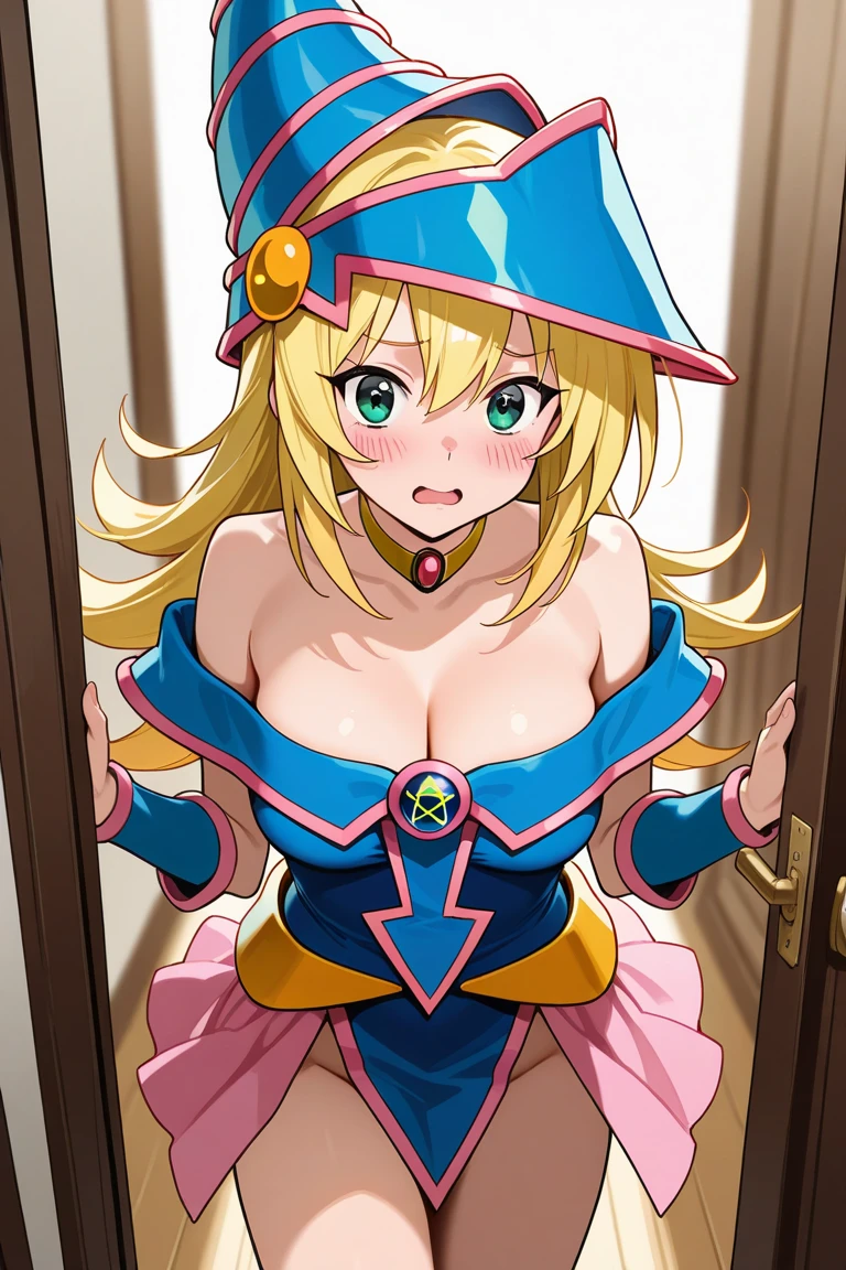 1girl, <lora:blamagiXLv1:0.8>,(blamagi:1.2),blonde hair, green eyes, long hair, medium breasts,blush ,blush stickers,wizard hat,(skirt:1.2),cleavage,
shirtpull,small nipples, <lora:shirtpull_SDXL:0.6>,lighting,
(from front:0.7),looking at viewer,grin, white background, open mouth,masterpiece, best quality,beautiful, high quality, highres, beautiful illustration,artstation,aesthetic,nsfw,