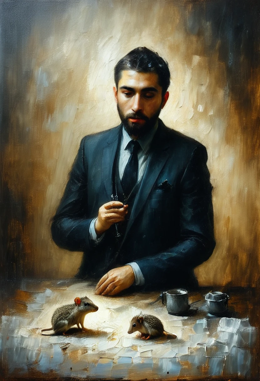 Realistic painting by Caravaggio featuring a fat blue golden and white bizarre man with rats multiple eyes on dark surrealism odd aspect in a room with technology and screen, david charles fox creatures on the corner, frances coch creature strashing his face out, odd toys in a hole, very foggy, bizarre dark surrealism, luxury and vanity theme.