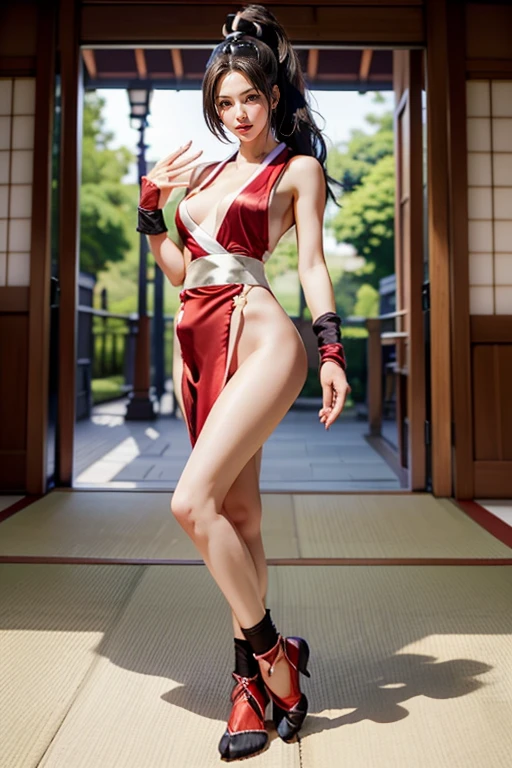 Mai shiranui, (melhor qualidade,ultra-detalhado),(realista:1.37), rosto lindo e detalhado, ultra-realista texture, rosto delicado, athletic body, cores vivas. High definition, 8K