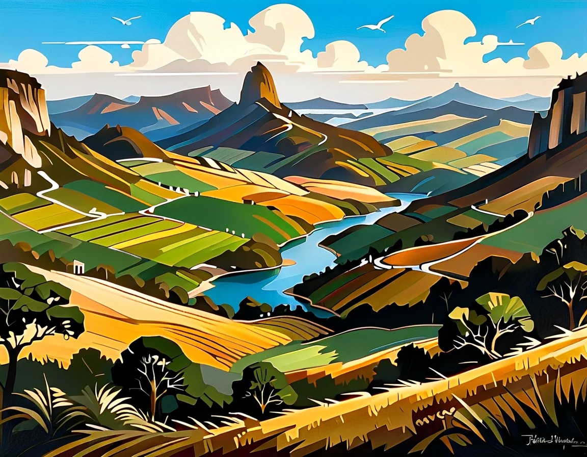 a marquetry work representing the Brazilian hinterland