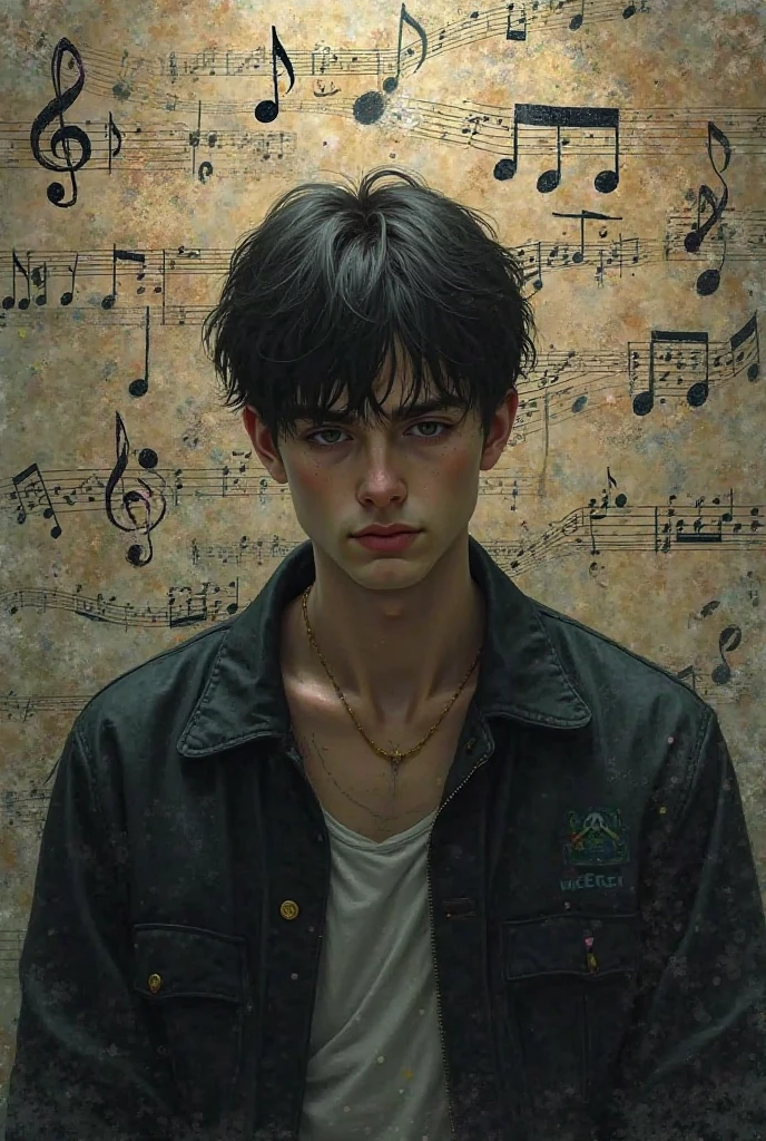 A picture of sadness full of symbols of musical melodies accompanied by a young man