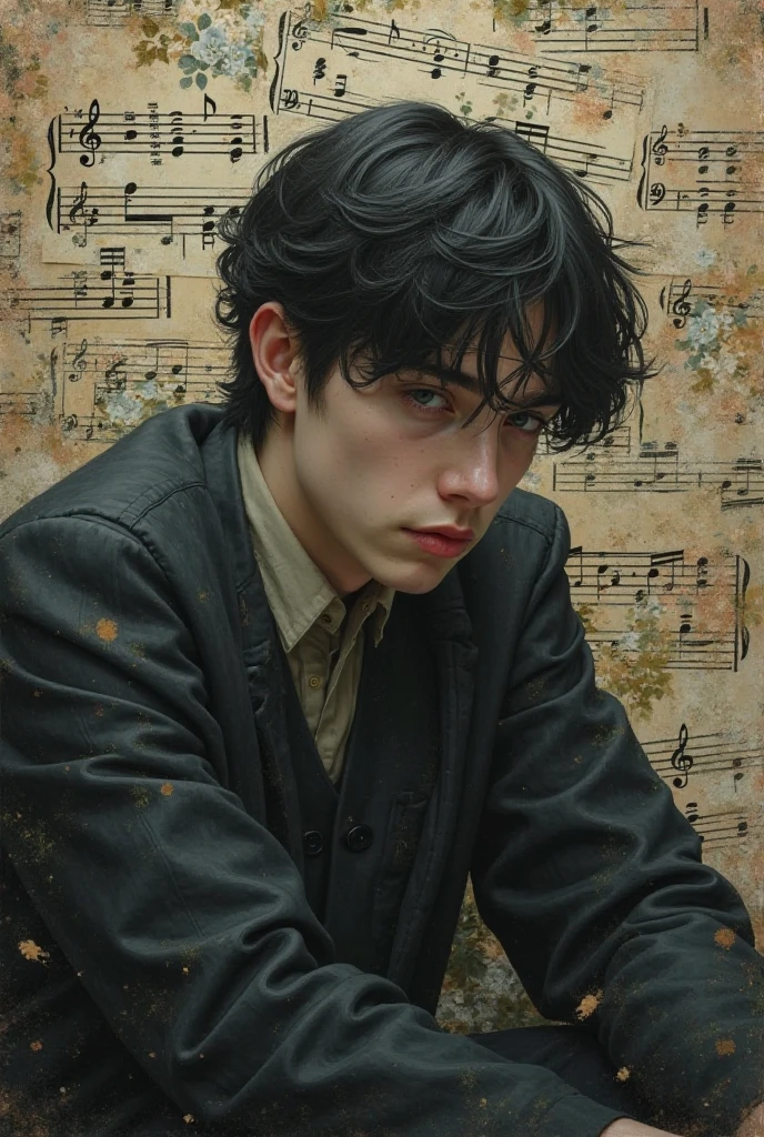 A picture of sadness full of symbols of musical melodies accompanied by a young man
