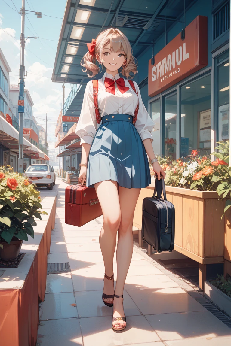 delicate and detailed illustration、light brown hair、the hairstyle has twin tails and a red bow、hair is floating very long、kind smile、costume is a JAL cabin attendant with a red ribbon on the chest、Walking with a carrying case、The background is an airport lobby