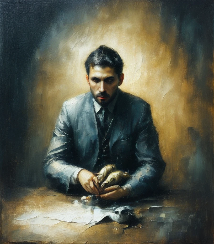 Realistic painting by Caravaggio featuring a fat blue golden and white bizarre man with rats multiple eyes on dark surrealism odd aspect in a room with technology and screen, very foggy, bizarre dark surrealism, luxury and vanity theme.