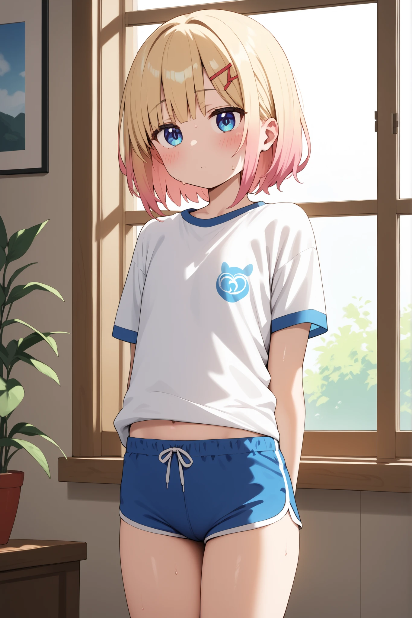 con, blond hair,blue eye lenses,blushed,standing in front of a window , short white t-shirt ,short sports shorts ,sweating