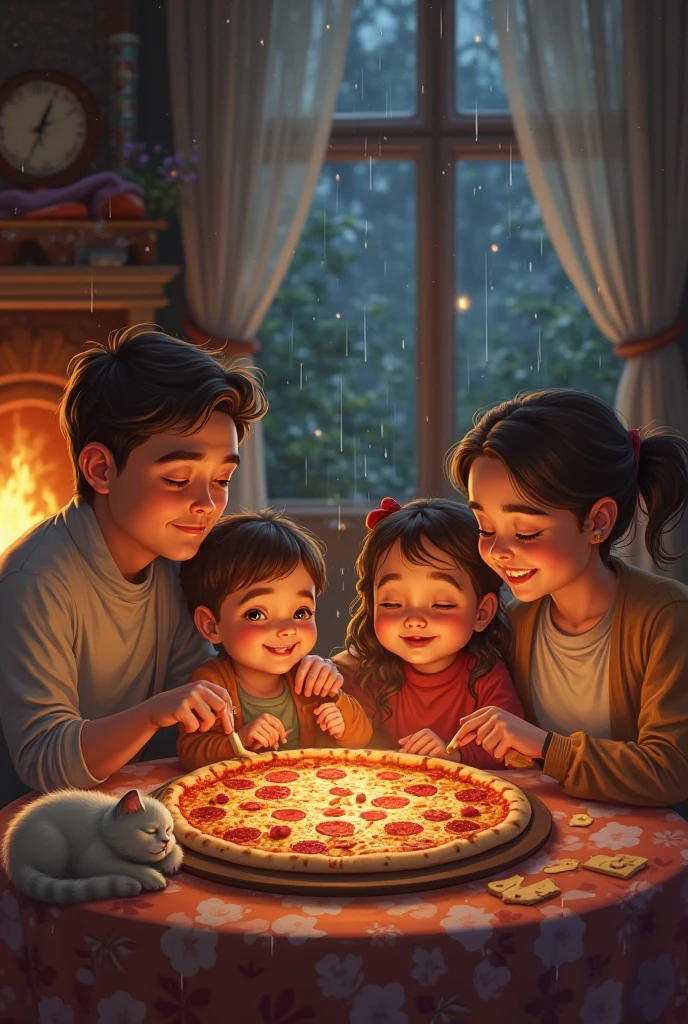 Help me create an image of a family sharing a pizza fresh from the oven, The house feels that homely warmth and near the fireplace there is a cat sleeping,  outside it's raining  
