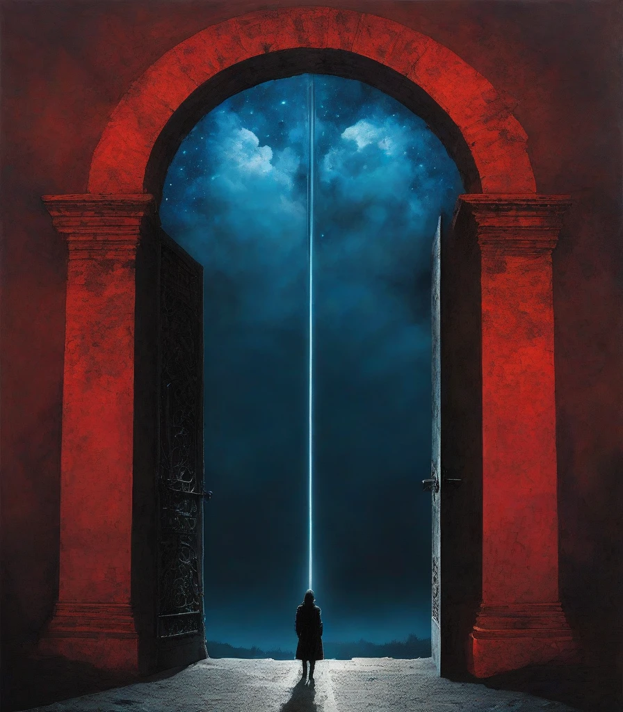 Key coming from a blue cloudy sky made by a black starry space void double exposure that opens the gates to of a red hell, Beksinski artwork, illustration and light abstract overlay effects scenario, artwork divided by horizontal layers respectivelly from the top to the bottom described.