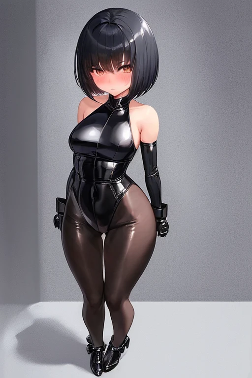 highest quality, masterpiece, High resolution, CG, One girl, angry, blush, cute eyes, closed mouth, eyeshadow, half upod, medium hair, parted bang, black hair, Latex Bunny Girl, full body, anime,