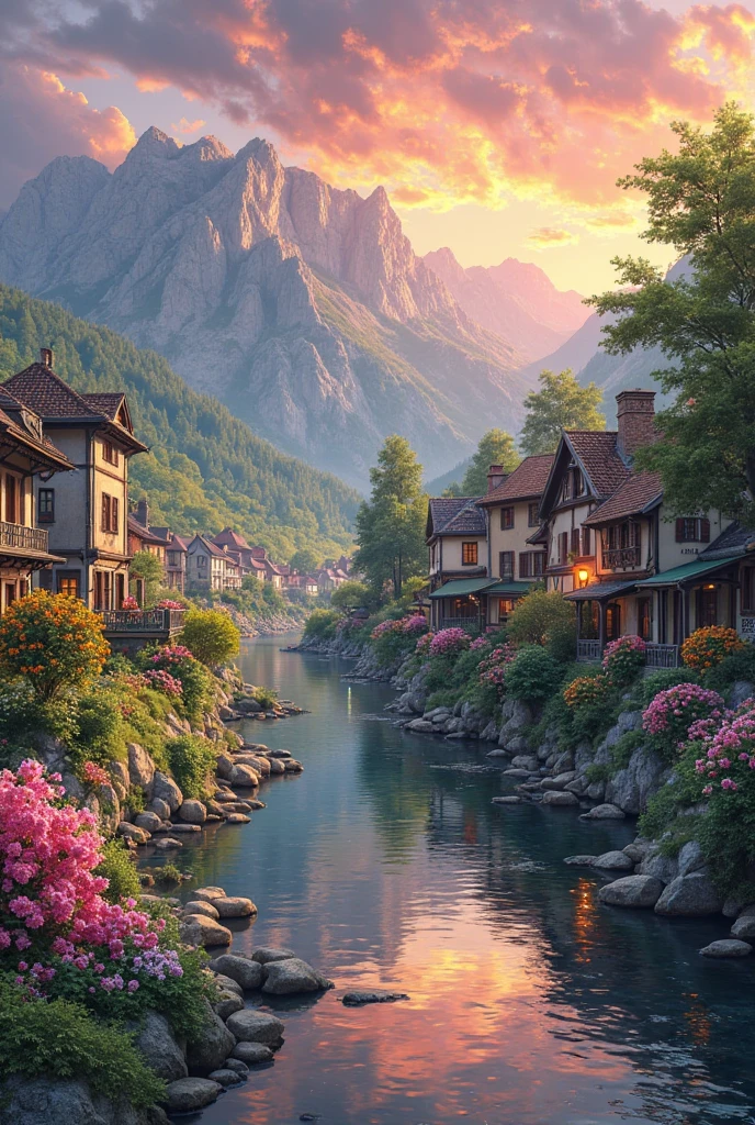 A small town by the river, mountains in the background, colorful floral flowers, detailed landscape, beautiful natural landscapes, atmospheric lighting, scorching sunset, warm colors, practical, photographic, detailed foliage, complex buildings, cobblestone street, charming country house, vibrant colors, lush vegetation, reflections in the water,  picturesque, idyllic, artwork, photos, 8K, extremely detailed, anime style