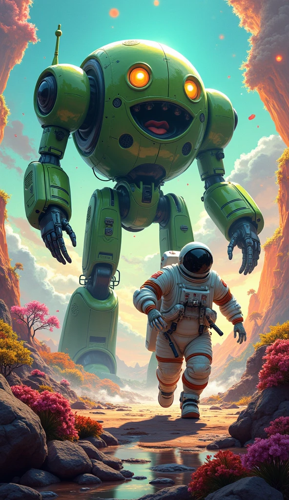 POV of an obese astronaut being chased by a green giant robot on a stunningly beautiful and colorful alien planet. The landscape is filled with vibrant, glowing plants, rainbow-colored skies, floating crystals, and surreal terrain. The massive robotic Labubu with a mischievous face and mechanical limbs charges behind, while the round astronaut runs frantically. A mix of humor, tension, and high-detail sci-fi fantasy.