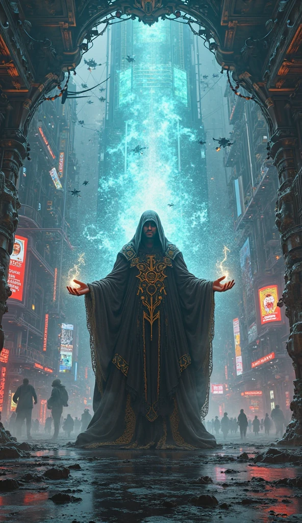 Wizard opening portal into a cyberpunk world