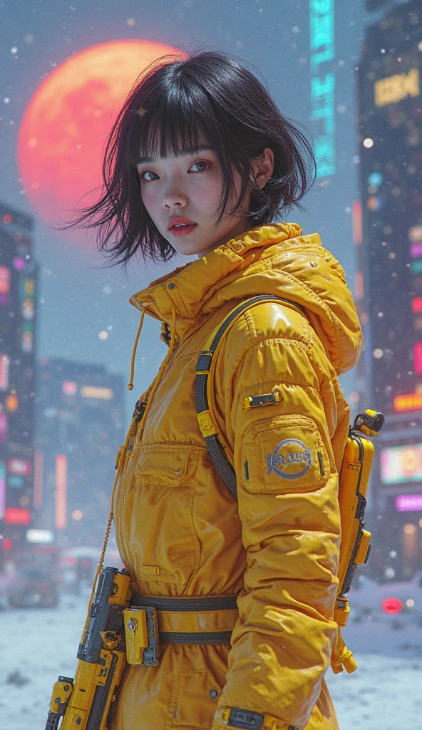 (masterpiece, best quality, beauty, best ratio, best shadows,best Illustration, wallpaper size,1080×2400 pixels,detailed face,pastel colors, futuristic theme) 
uhd, korean beautiful female, korean beauty like tae yon, full posture fully visible, shining blue eyes, windblown short hair, wear dominant yellow camo colour and yellow strip full  armory leather, yellow high heel ice skates, hand holding futusistic neon riffle emits gold energy, standing standing in front of a futuristic city with many colorfull glass houses. outer space, big neon billboard, big red  moon seen on far away. use the RenderMan renderer.digital art.High definition, high contrast, high color saturation ,128k,cinematic lighting, intricate,cinematic advertising photograph,cinema lens,high res.