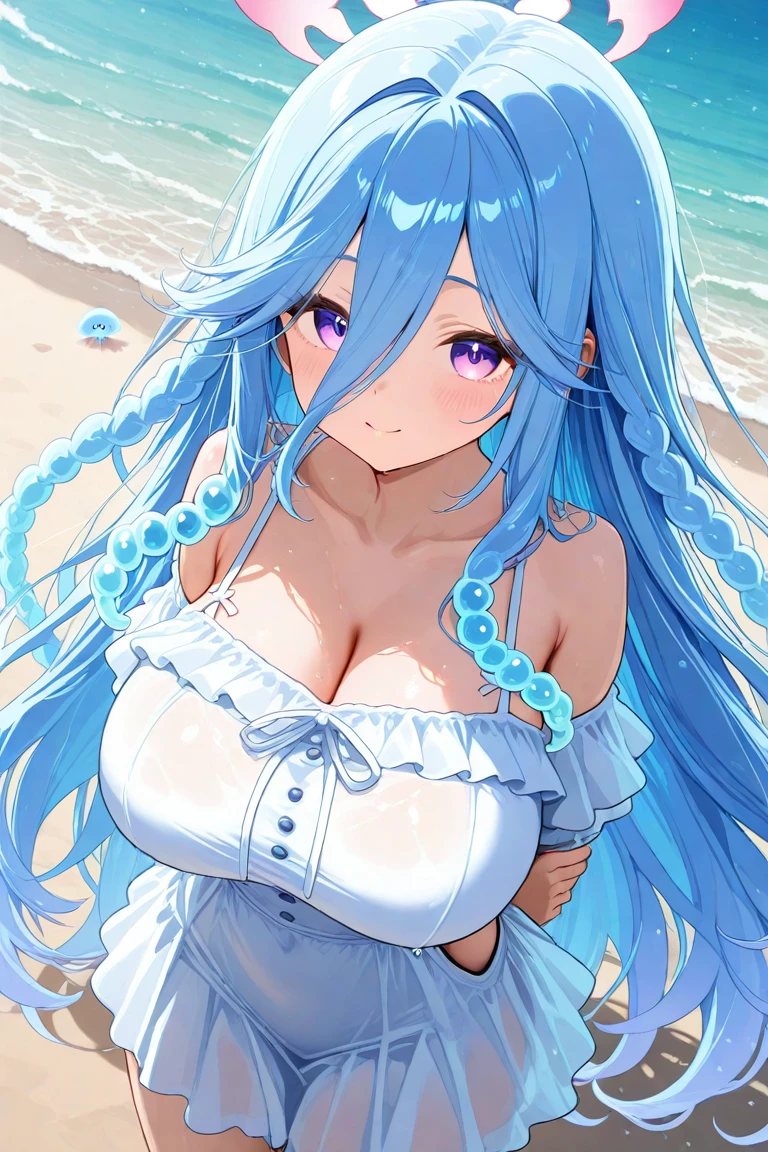 Highest quality、Highest quality、masterpiece、(8K resolution),beauty(Age 25)、(Mature Appearance)、Light blue long hair(Braiding of sides)、blue eyes、(Detailed embroidered underwear)、(Fairy)、Big cleavage、((Big Breasts))、smile、blue necklace、Blue Earrings、background(Beach)、Please open your mouth wide、bracelet、Dynamic pose、Blue choker、black tights