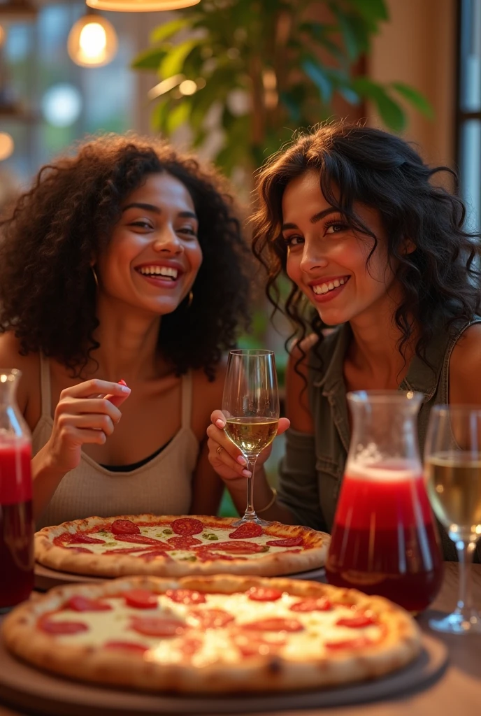 An American woman accompanied by an Asian woman eating pizza in Brazil