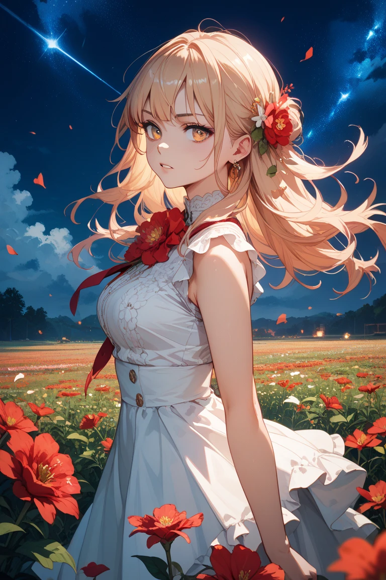 A woman, large breasts, beautiful strapless red dress, red flower pin, sunset, shoulders, outside, flower field, smile, blond hair, blue eyes.