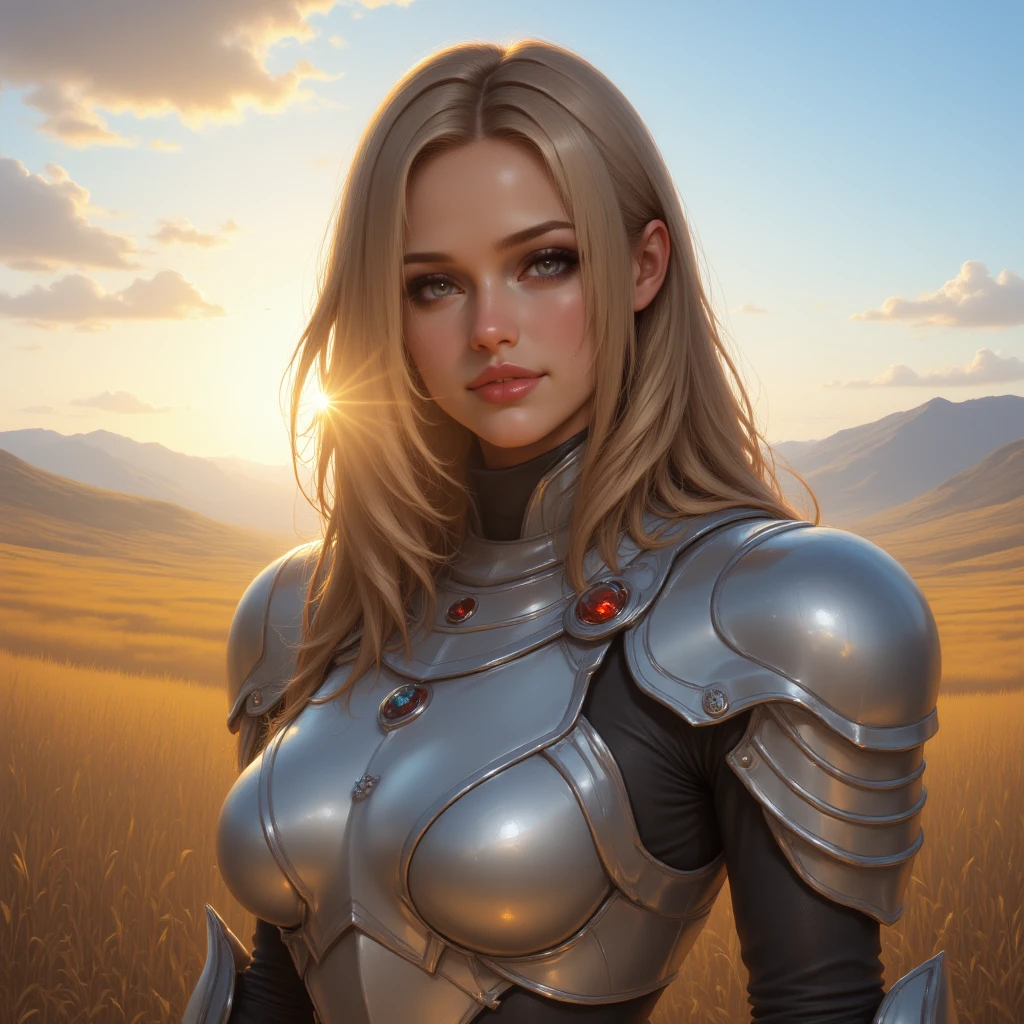 A beautiful 22-year-old woman with long hair and a serious expression, her smile is shy, gray eyes, she wears a modest radiant white metallic armor. The background is a vast valley with a splendid midday, the sky is a brilliant blue with golden lights, creating the sun illuminating her skin from the front. The overall atmosphere is nostalgic and enigmatic, evoking a sense of longing.