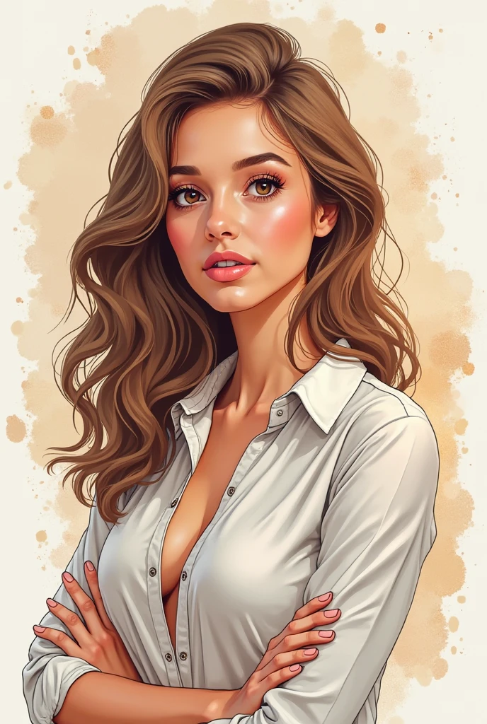 portrait, digital illustration in hand drawing style, ink lines with variable thickness, soft colors with watercolor shading, details of paint splashes around, light background in beige with artistic spots, professional environment but with an artistic touch, soft lighting, focus on details of hair and clothing, high quality, cartoonish but realistic style.

