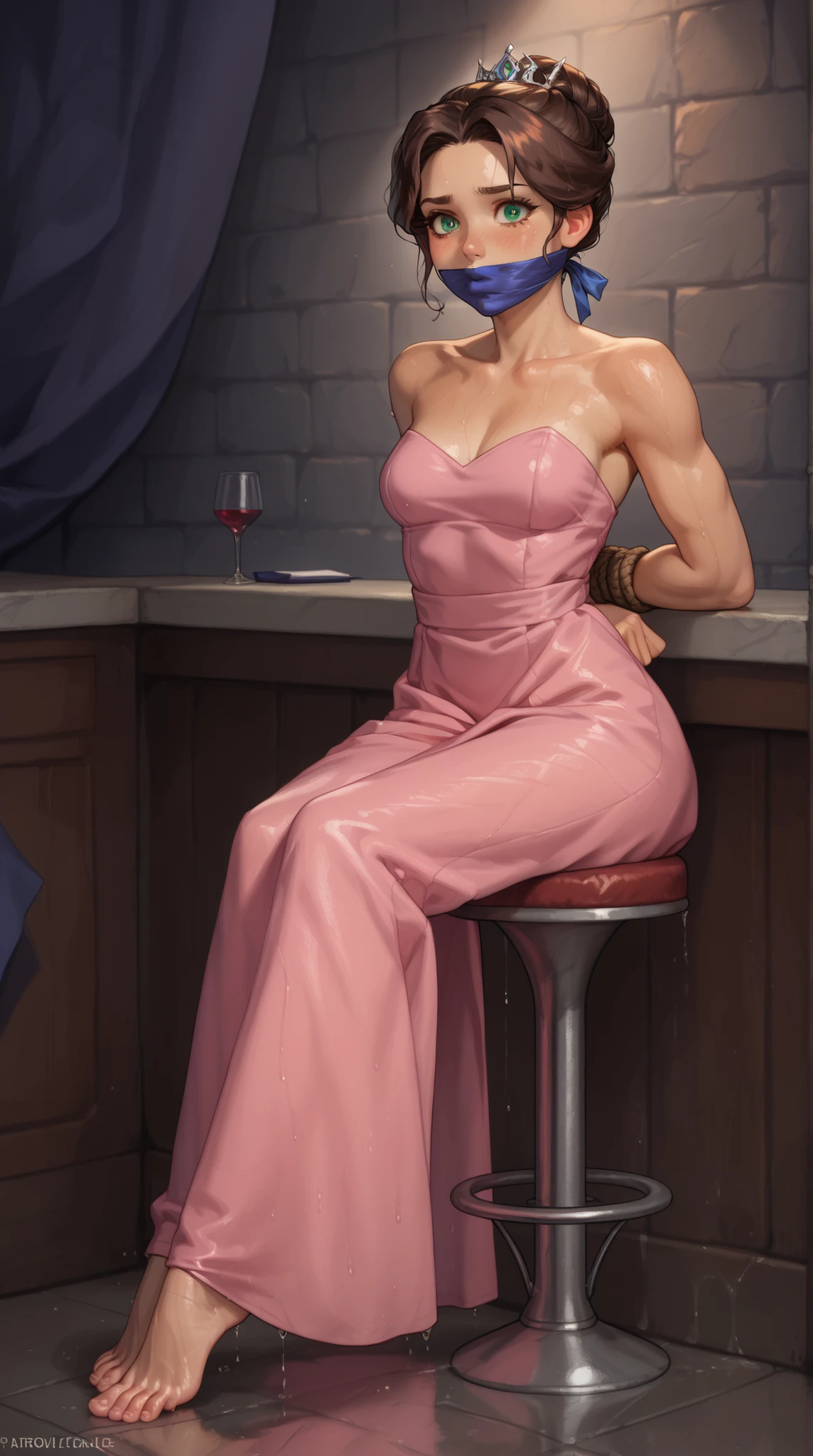 midnight, Beautifal woman, 18 years old, ,straight brown hair, , spread eagle, feet bound, pale green eyes, dark brown skin, heavily blushing, ,sitting on stool,  background is a fancy mansion room, wearing pink dress, all wet, shiny skin,worried expression, nervous, , wet body, thin waist, skinny body, muscular, very fit, medium breasts, , long legs, moody image, colored lighting,  dark shadows, backlighting, rim light, dramatic scene, sweating, , bound and gagged, 