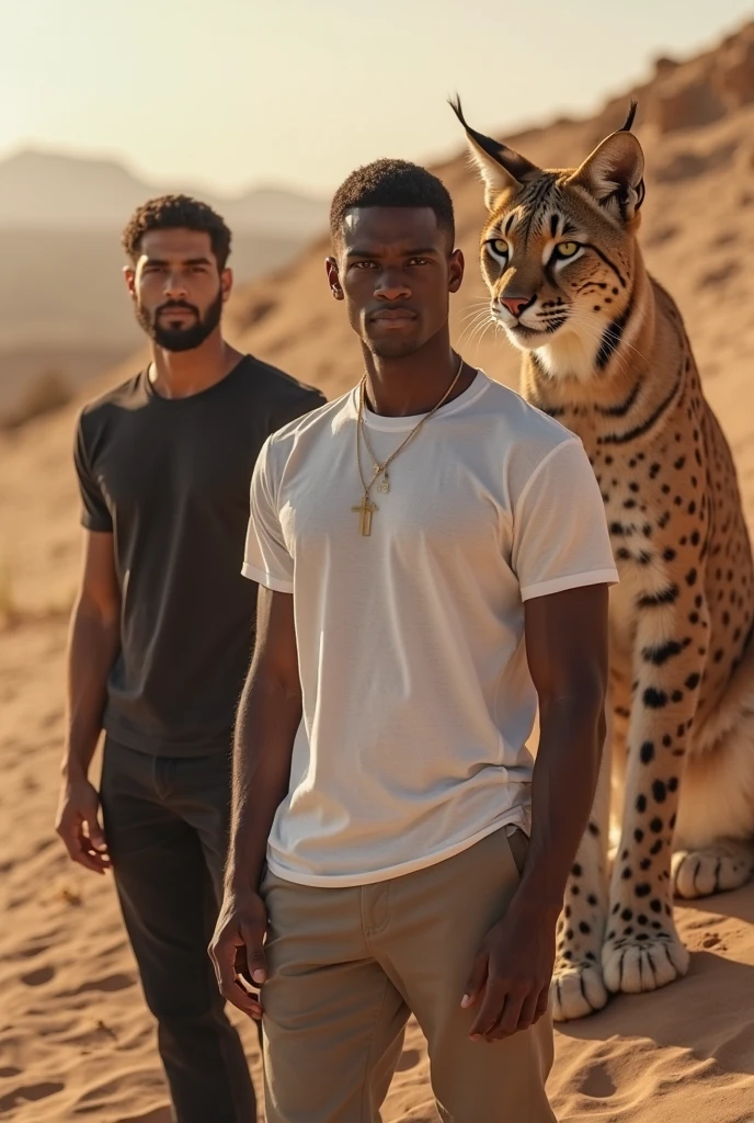 Two handsome man handsome face slim shirtless in the.desert with two leopards
