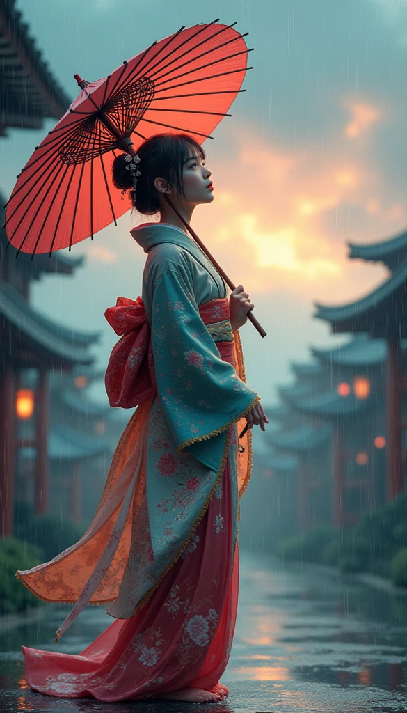  girl in kimono, is standing, has an umbrella, rain, and I look up at the sky,lyh_Rainbow