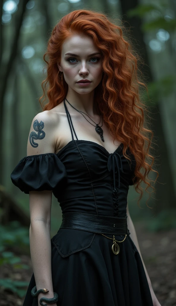 Helena looks like a young woman and has long, red hair and freckles all over her body. Her skin is so pale that it's almost white, and on her arms there are marks of demonic symbols. Her clothes are classic, with long, black dresses with golden waistlines, and she wears the symbol of the Goetia family around her neck.