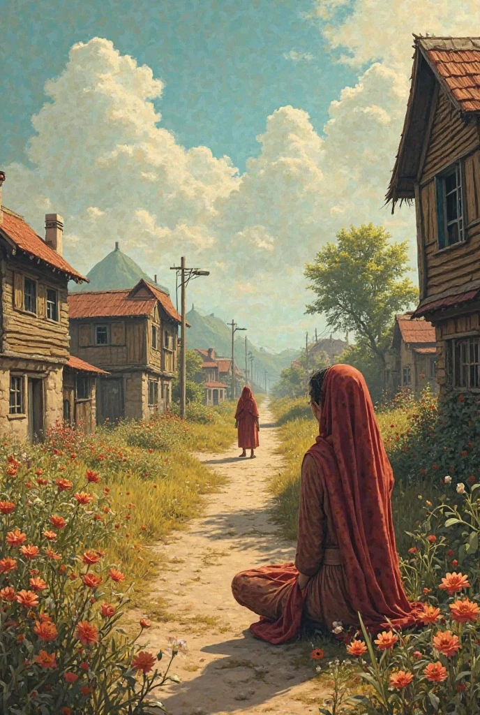 Scene 1 The Village and the Wilted Flowers

Description:

The village appears at the beginning of the story, where the flowers have withered and the fields are dry..

The villagers walk in its streets with sadness in their hearts. No one smiles.

Adel sits in the garden of their house, looking at the dead flowers and feeling sorry..