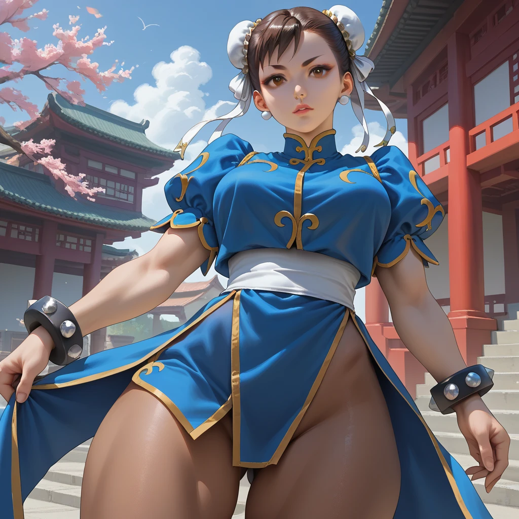 (masterpiece, best quality, high resolution), (illustration:1.0), extremely detailed face, perfect lighting, (perfect hands,perfect anatomy), (1girl, solo:1.5), glowing skin and perfect symmetrical pretty face ,cowboy shot, chunlims, hair bun, double bun, chinese clothes, solo, dress, bracelet, ribbon, pants, blue pants, makeup, short sleeves, wide hips, thick thighs, squatting